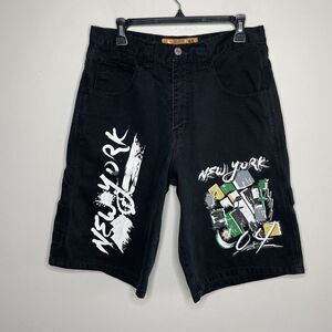 EVOLVE Five 5 Mens New York Black Denim Shorts EUC Graphitti Cargo 32 x 12